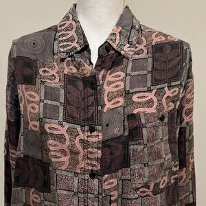 Vintage Whistles Compagnie Internationale 100% Silk geometric Blouse Shirt med M